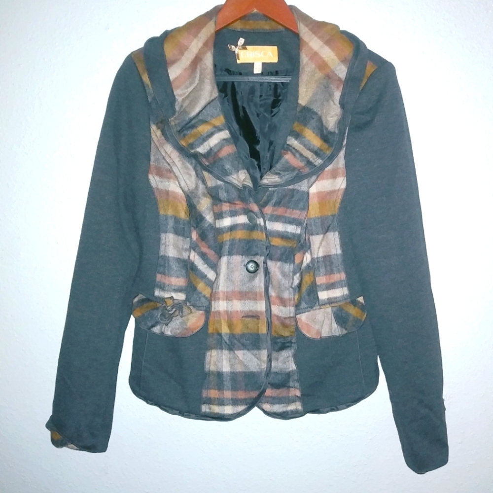 Crisca 12 Wool Blend Fashion Waist Jacket Blazer Plaid Trim in Gray Tan